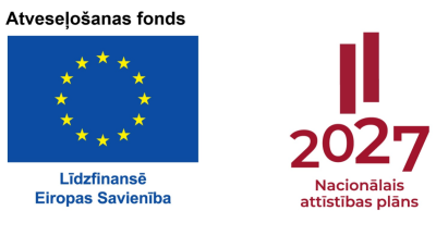 Logo kopa: Eiropas Savienības karogs ar tekstu 'Atveseļošanas fonds' un 'Līdzfinansē Eiropas Savienība', kā arī Latvijas Nacionālā attīstības plāna 2027 logo.