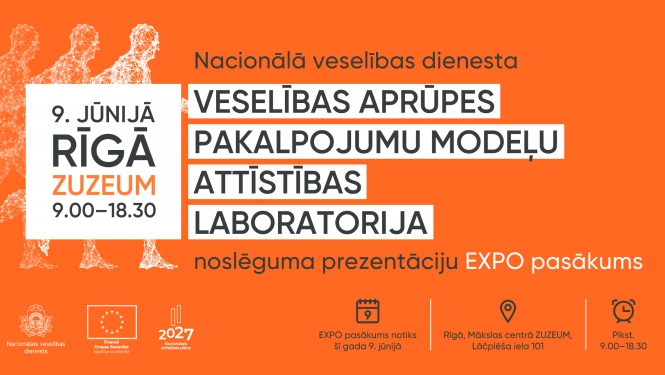 Nacionālā veselības dienesta EXPO pasākuma baneris oranžā krāsā. Pasākums "Veselības aprūpes pakalpojumu modeļu attīstības laboratorija: noslēguma prezentācijas"