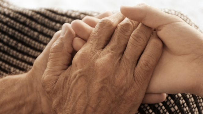 An older and a younger person holding hands gently, symbolizing care and support