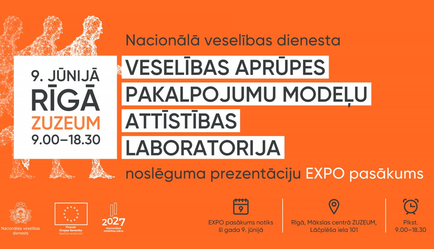 Nacionālā veselības dienesta EXPO pasākuma baneris oranžā krāsā. Pasākums "Veselības aprūpes pakalpojumu modeļu attīstības laboratorija: noslēguma prezentācijas"