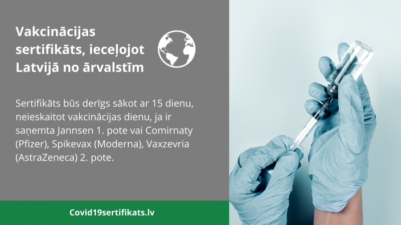 Vakcinācijas sertifikāts, ieceļojot Latvijā no ārvalstīm 
