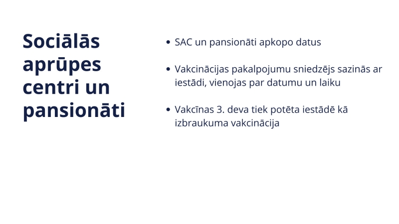 Šodien sākas balstvakcinācija (3. devas) pret Covid-19 senioriem 65+, veselības aprūpes sistēmas darbiniekiem un SAC klientiem