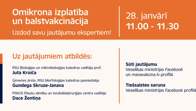 Tiešsaistes sarunu cikls par vakcināciju pret Covid-19 - eskpertu atbildes uz iedzīvotāju visbiežāk uzdotajiem jautājumiem par Omikrona izplatību un vakcināciju