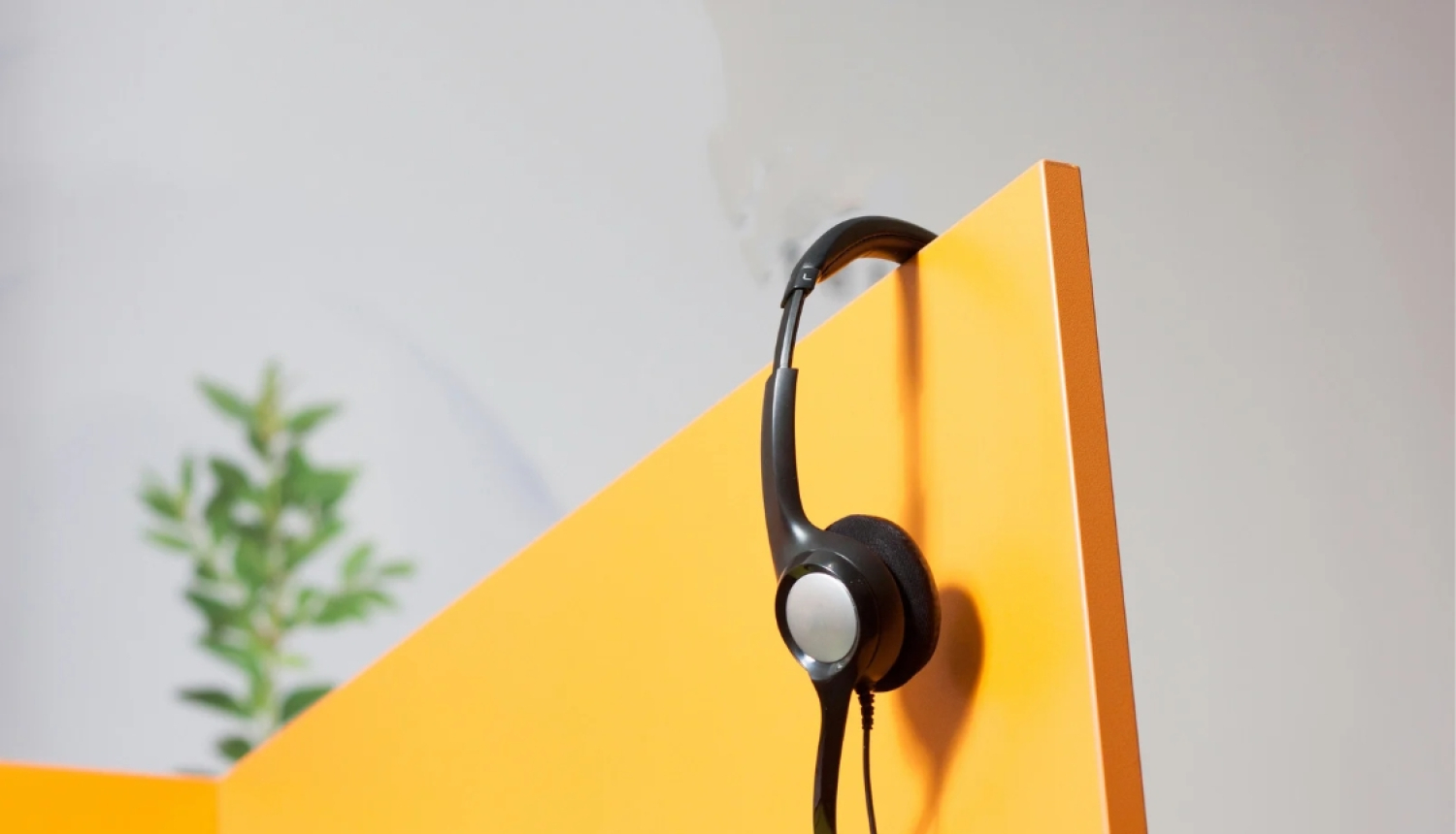 Melnas austiņas ar vadu ir pakārtas uz koši dzeltenas starpsienas malas, fonā redzams gaišs interjers ar izplūdušu zaļu augu.