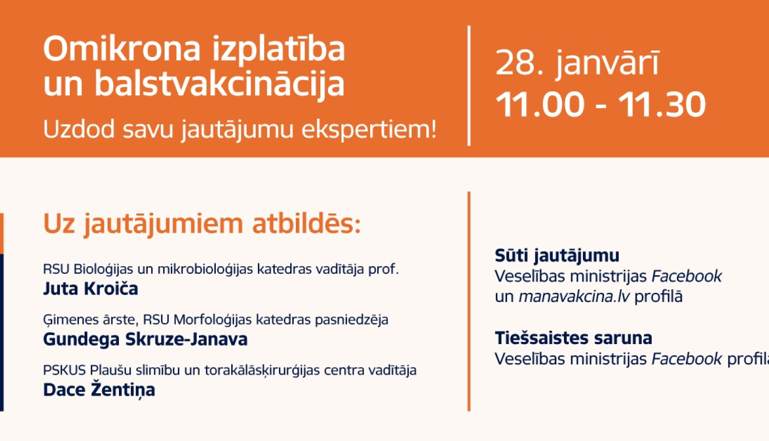 Tiešsaistes sarunu cikls par vakcināciju pret Covid-19 - eskpertu atbildes uz iedzīvotāju visbiežāk uzdotajiem jautājumiem par Omikrona izplatību un vakcināciju